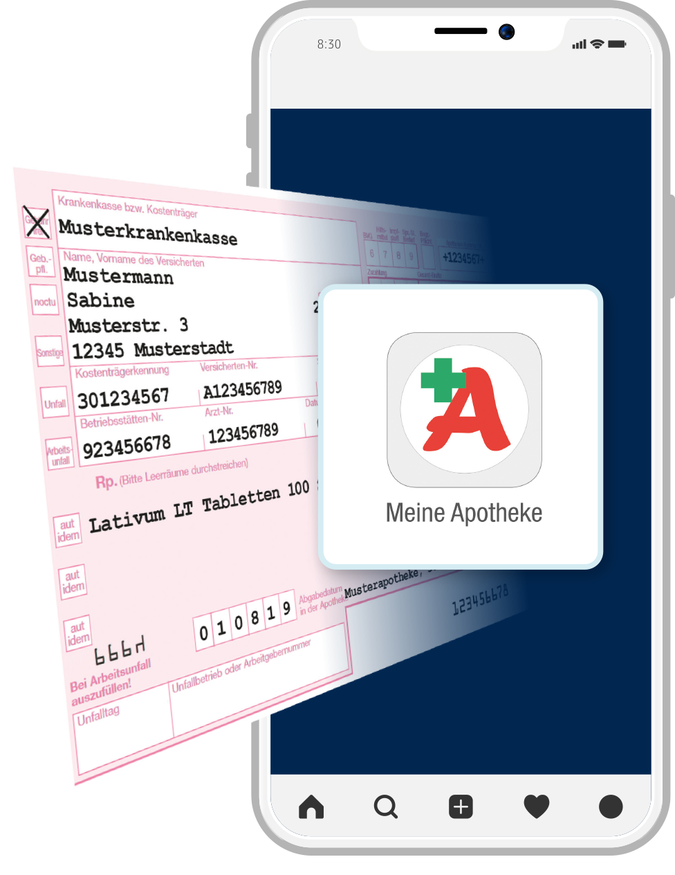 Handy mit einem Rezept für Medikamente und der App Meine Apotheke